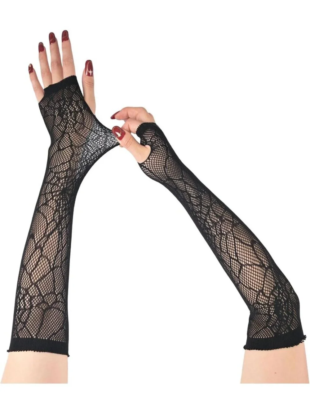 Women's Black Long Spider Web Fishnet Fingerless Gothic Cosplay Gloves